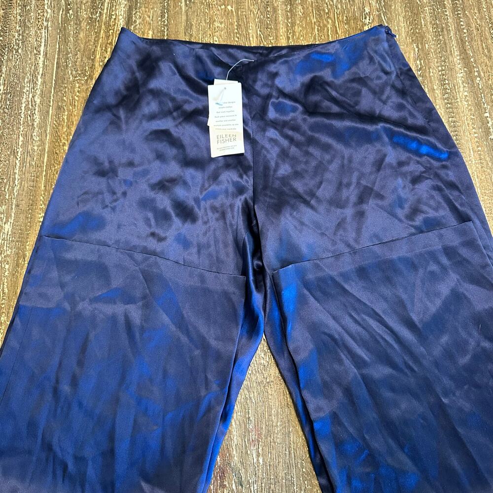 NWT Eileen Fisher Satin Wide Leg Baggy Pants Navy Dark Blue Women’s Petite M
